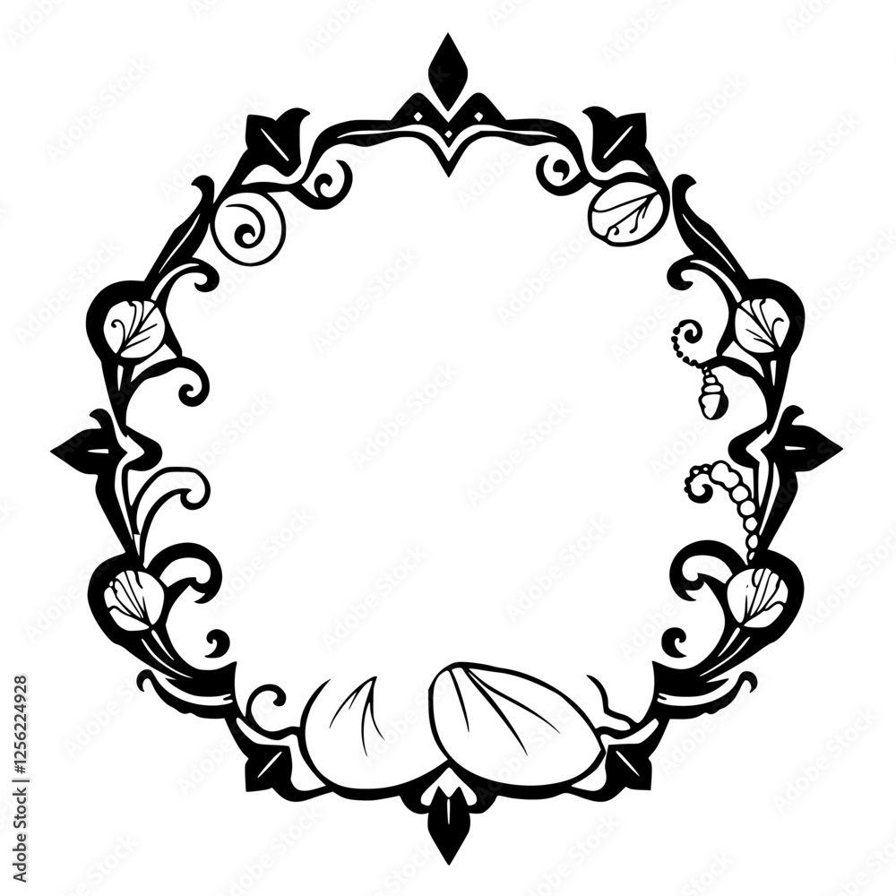 Fototapeta premium Ornate, circular, black-and-white floral frame with decorative elements, like leaves, twirls, and accents, on a white background.