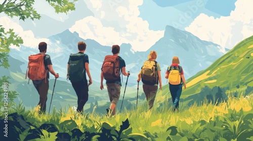Three people are hiking on a trail surrounded by lush green foliage, with mountains visible in the background under a bright blue sky. The scene suggests adventure and exploration in a tropical or sub