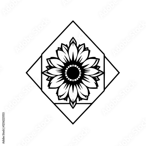 Geometric Sunflower: Black and white monochrome image of a sunflower enclosed in a square diamond, stylized.