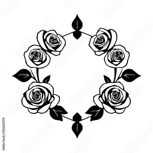 Floral design of Black and white Roses;
      surrounding a central framework made up of roses and leaves.