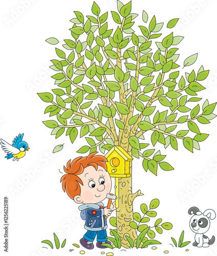 Happy little boy with his funny puppy nailing a small wooden homemade birdhouse to a green tree in a spring park, vector cartoon illustration on a white background