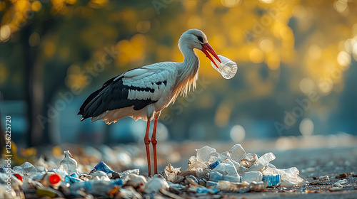 Stork holds plastic in its beak. Ecological problem of garbage. Concept of pollution of water bodies, nature and environment.