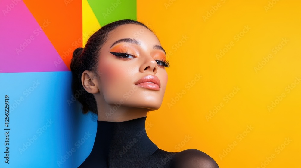 Naklejka premium Woman Posing Against Vibrant Colorful Background