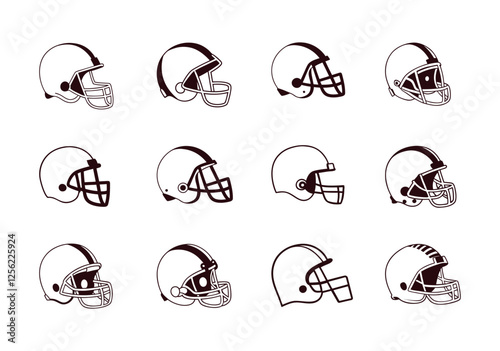 A American football helmet hand drawing clip art vector illustration set, football helmet equipment club symbol, football champion helmet element isolated bundle.
