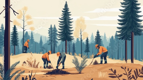 A group of people is planting young trees in a deforested area surrounded by a forest. The scene is set in a mountainous region with a misty atmosphere, highlighting reforestation efforts.