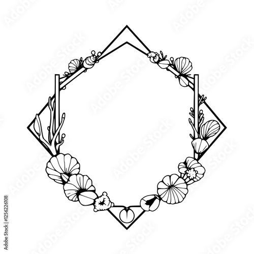 Elegant diamond-shaped frame with seashells and seaclusters forming a border, black and white.