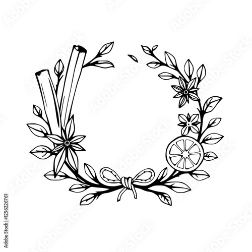 Floral wreath with cinnamon sticks and a lemon slice.