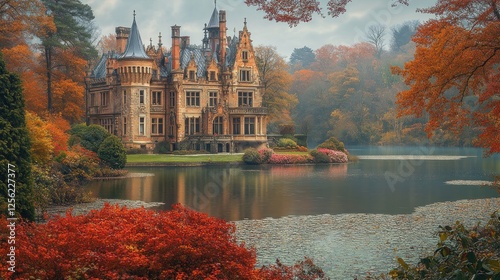 Autumnal Chateau by a Misty Lake