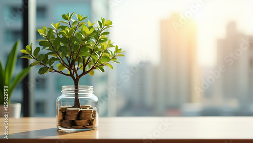 Financial growth represented by a small tree in a glass jar filled with coins against an urban backdrop in sunlight photo