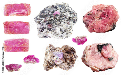 natural specimens of uncut ruby rocks cutout photo