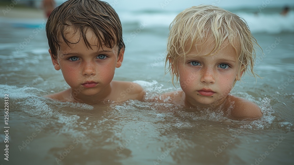 Two children with blue eyes play in the ocean waves. Two children with blue eyes play in the ocean waves.