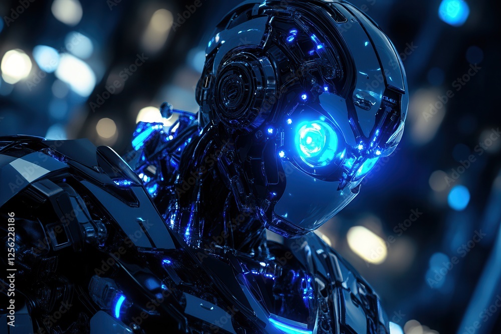 Futuristic AI Robot with Illuminated Blue Lights . A modern robot featuring bright blue lights, representing cutting-edge innovation in robotics and artificial intelligence.