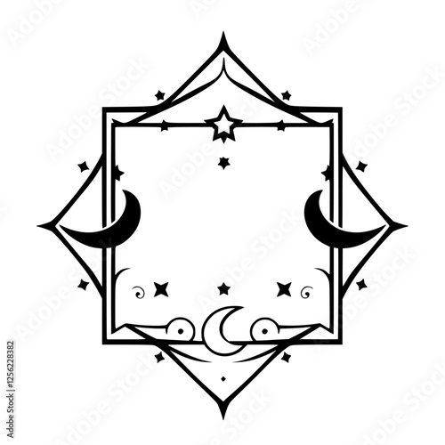 A stylized, geometric black frame, featuring a crescent moon, stars, and stars, in a gothic, minimalistic design.