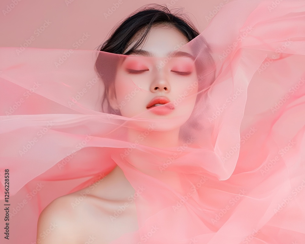 A dreamy composition of a woman in pink, her pose and expression reflecting grace and sophistication against a light-hued backdrop