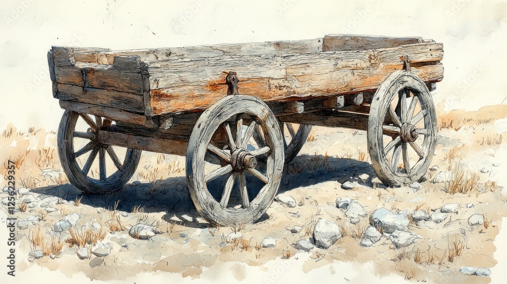 Antique wooden wagon rests on dusty, rocky ground; faded, watercolor style Antique wooden wagon rests on dusty, rocky ground; faded, watercolor style