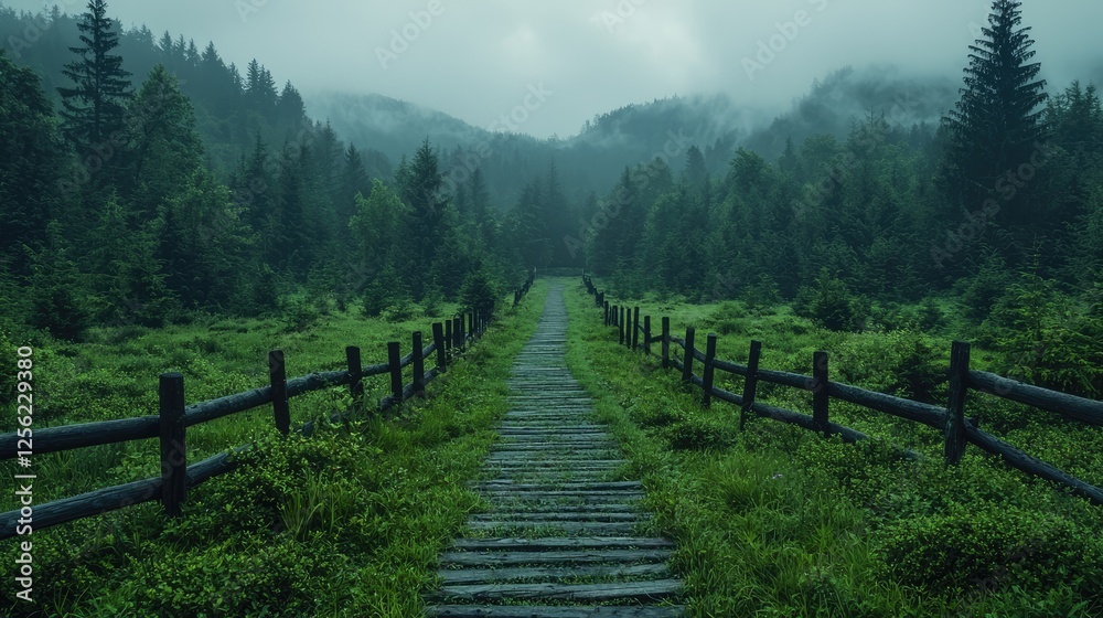 Fototapeta premium Misty forest path through green meadow, tranquil landscape, serene nature scene, inspiring image, suitable for wallpaper or background use