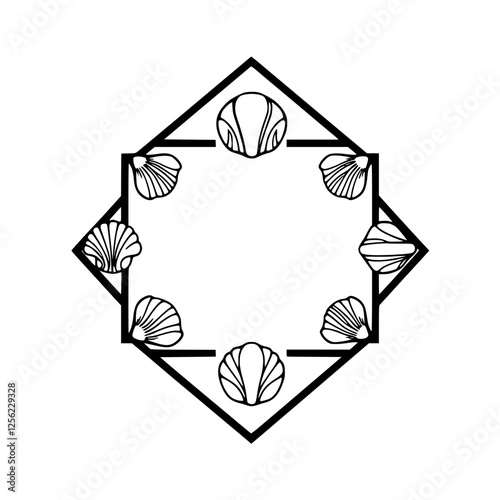 Seashells within diamond frame forming a circular arrangement with minimalist design.