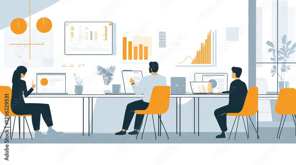 A high-tech office with people working on computers, surrounded by holographic data displays and digital interfaces, creating a futuristic and immersive work environment. A high-tech office with people working on computers, surrounded by holographic data displays and digital interfaces, creating a futuristic and immersive work environment.