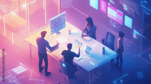 A high-tech office with people working on computers, surrounded by holographic data displays and digital interfaces, creating a futuristic and immersive work environment.