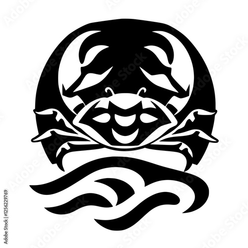 Stylized Black and White Crab Illustration with Waves: A Modern, Geometric Design