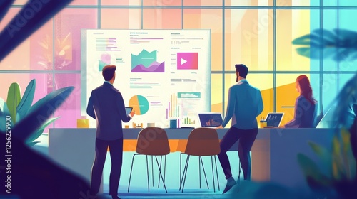 A high-tech office with people working on computers, surrounded by holographic data displays and digital interfaces, creating a futuristic and immersive work environment.