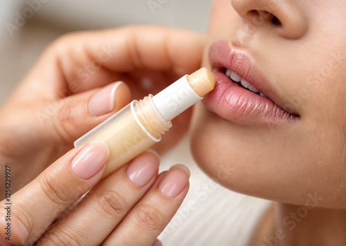 Hands applying lip balm, natural lip balm with a slight shine. Natural cosmetics, shea butter, beeswax, lanolin,