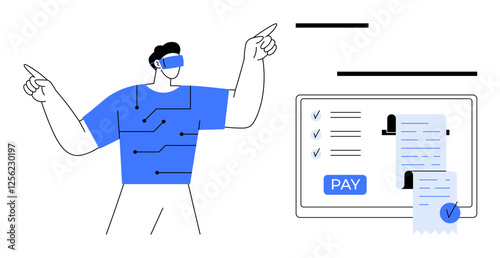 Man wearing VR headset interacting with virtual icons connected to a secure online payment interface. Ideal for digital payments, online shopping, cybersecurity, financial technology, virtual