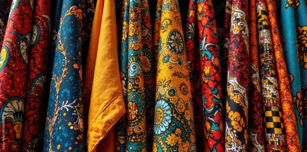 Vibrant Textile Collection Showcases Intricate Patterns and Rich Hues in a Diverse Array of Fabrics Vibrant Textile Collection Showcases Intricate Patterns and Rich Hues in a Diverse Array of Fabrics