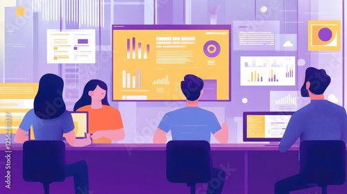 A high-tech office with people working on computers, surrounded by holographic data displays and digital interfaces, creating a futuristic and immersive work environment.