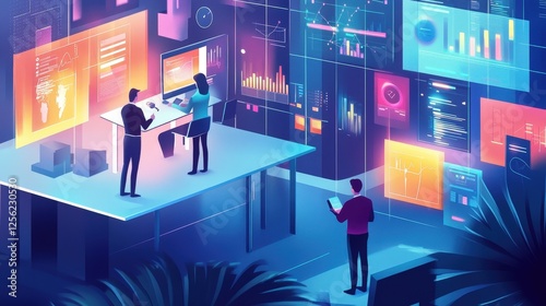 A high-tech office with people working on computers, surrounded by holographic data displays and digital interfaces, creating a futuristic and immersive work environment.