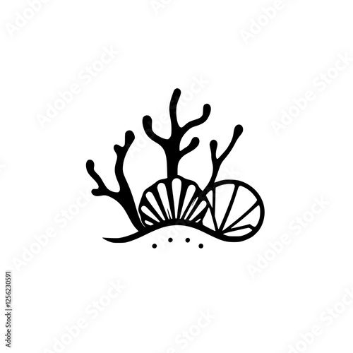 Artistic representation of coral reef, with a seashell and coral, in black and white.