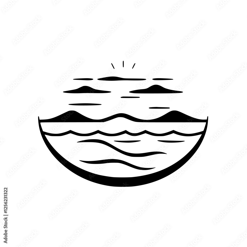 Abstract ink illustration of a seascape with mountains, waves, clouds, and a rising sun above the horizon.