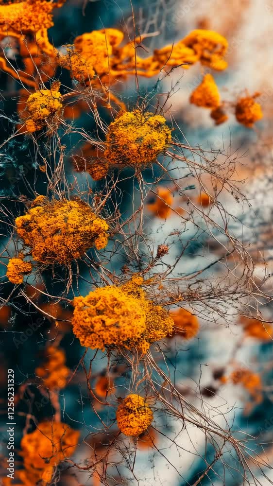 Bright orange lichen clusters grow on weathered branches in a vibrant natural setting Bright orange lichen clusters grow on weathered branches in a vibrant natural setting