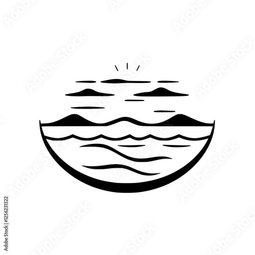 Abstract ink illustration of a seascape with mountains, waves, clouds, and a rising sun above the horizon.