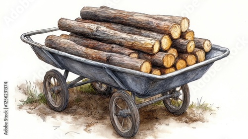 Wooden logs stacked high on a vintage handcart in a garden