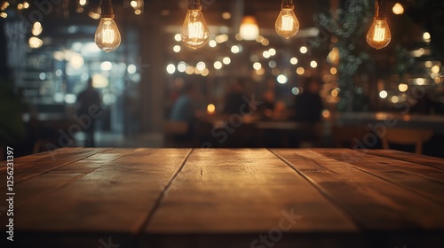 Empty wooden table in a dimly lit cafe photo