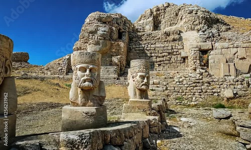 Ancient ruins of Mount Nemrut, remains of huge statues of of kings and gods.