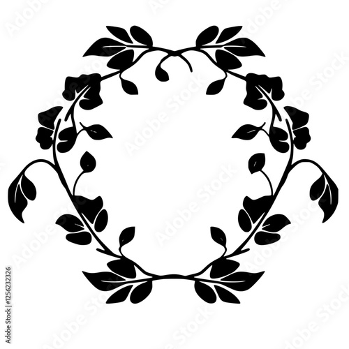 Black Floral Wreath: a symmetric illustration of a decorative wreath composed of leaves and flowers, elegant design.