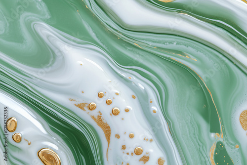 Emerald, White, and Gold Swirl: A mesmerizing abstract pattern created with fluid paint in shades of emerald green, white, and gold. photo