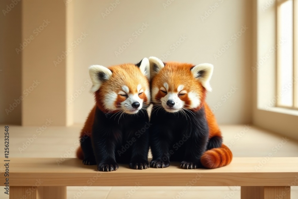 Obraz premium Two adorable red pandas cuddling on a wooden bench, a heartwarming scene of wildlife companionship in a tranquil indoor setting.