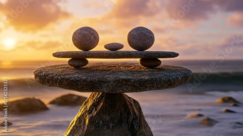 Balance and tranquility are achieved with stacked stones at the beach during sunset