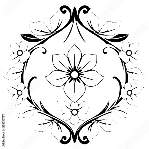 Black and White floral pattern of a design, with the primary flower, and an elliptical frame of leaves.