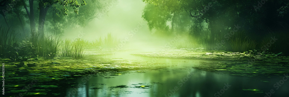 Mystical swamp illuminated by glowing plants and enveloped in serene fog at twilight Mystical swamp illuminated by glowing plants and enveloped in serene fog at twilight