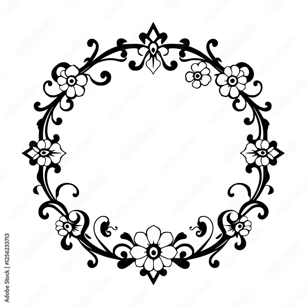 Circular Floral Ornament with Black and White. Circular Floral Ornament with Black and White.