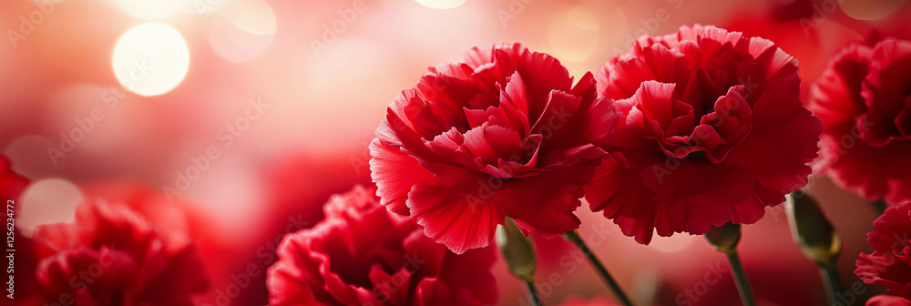 Delicate cherry-red carnations bloom softly in a warm, inviting atmosphere Delicate cherry-red carnations bloom softly in a warm, inviting atmosphere