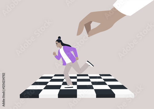 A dynamic scene unfolds as a chessboard character flees with determination, evading a large hand that threatens to capture