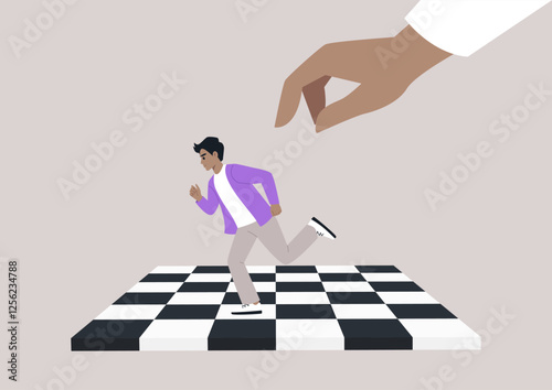 A dynamic scene unfolds as a chessboard character flees with determination, evading a large hand that threatens to capture