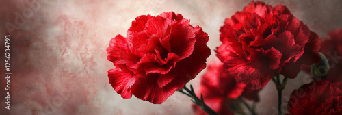 Beauties of cherry-red carnations with ruffled petals in soft lighting