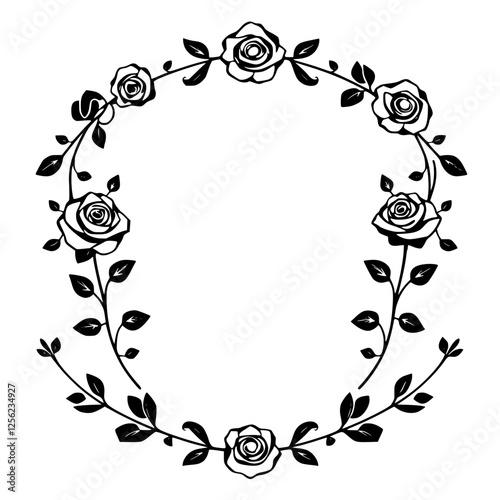 Botanical border with a wreath of roses with branches and leaves in black and white.