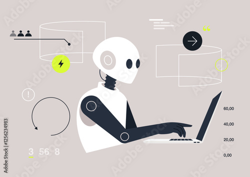 A futuristic AI robot actively brainstorming ideas and generate engaging writing prompts, utilizing their advanced capabilities at a digital workspace filled with inspiration